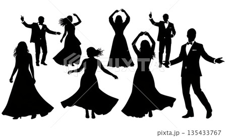 Black Solid Wedding Dance Silhouettes Set of Six on White Background 135433767