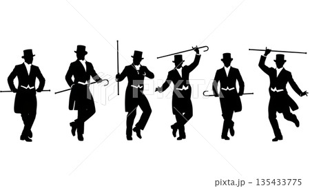Black Solid Tap Dancer Silhouettes Set of Six on White Background 135433775
