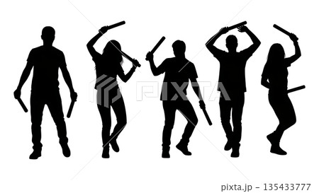 Black Solid Techno Rave Silhouettes Set of Six on White Background Black Solid Techno Rave Silhouettes Set of Six on White Background 135433777
