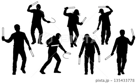 Black Solid Techno Rave Silhouettes Set of Six on White Background Black Solid Techno Rave Silhouettes Set of Six on White Background 135433778