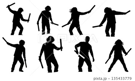 Black Solid Techno Rave Silhouettes Set of Six on White Background Black Solid Techno Rave Silhouettes Set of Six on White Background 135433779
