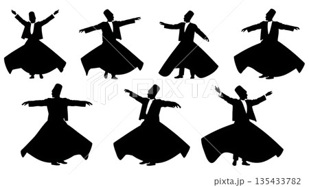 Black Solid Sufi Whirling Silhouettes Set of Six on White Background Black Solid Sufi Whirling Silhouettes Set of Six on White Background 135433782