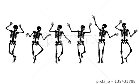 Black Solid Skeleton Dance Silhouettes Set of Six on White Background 135433789