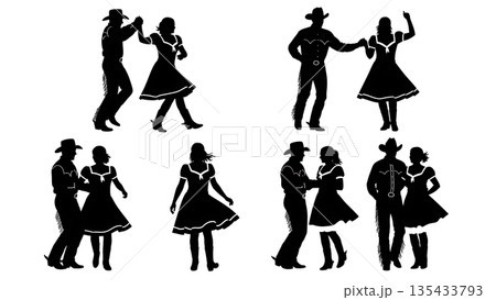 Black Solid Square Dance Silhouettes Set of Six on White Background Black Solid Square Dance Silhouettes Set of Six on White Background 135433793