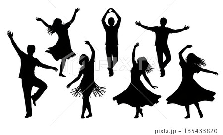 Black Solid Rain Dance Silhouettes Set of Six on White Background 135433820