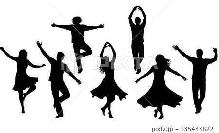 Black Solid Rain Dance Silhouettes Set of Six on White Background 135433822