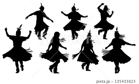 Black Solid Rain Dance Silhouettes Set of Six on White Background Black Solid Rain Dance Silhouettes Set of Six on White Background 135433823