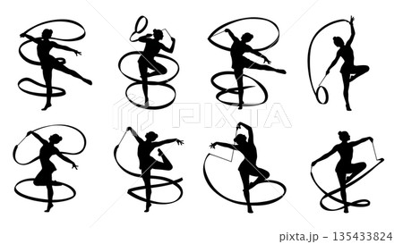 Black Solid Ribbon Dance Silhouettes Set of Six on White Background Black Solid Ribbon Dance Silhouettes Set of Six on White Background 135433824
