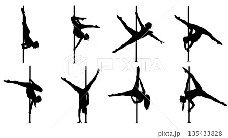 Black Solid Pole Dance Silhouettes Set of Six on White Background Black Solid Pole Dance Silhouettes Set of Six on White Background 135433828