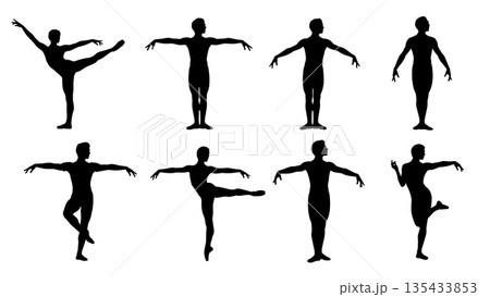 Black Solid Male Ballet Silhouettes Set of Six on White Background Black Solid Male Ballet Silhouettes Set of Six on White Background 135433853