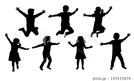 Black Solid Kids Dancing Silhouettes Set of Six on White Background Black Solid Kids Dancing Silhouettes Set of Six on White Background 135433874