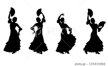 Black Solid Flamenco Dancer Silhouettes Set of Six on White Background 135433908