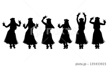 Black Solid Hula Dancer Silhouettes Set of Six on White Background Black Solid Hula Dancer Silhouettes Set of Six on White Background 135433915