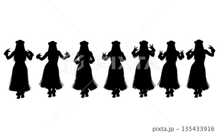 Black Solid Hula Dancer Silhouettes Set of Six on White Background Black Solid Hula Dancer Silhouettes Set of Six on White Background 135433916