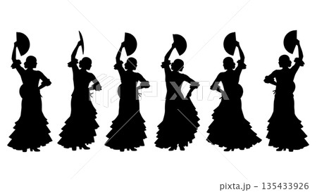 Black Solid Flamenco Dancer Silhouettes Set of Six on White Background 135433926