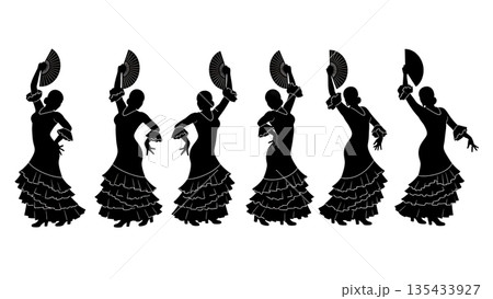 Black Solid Flamenco Dancer Silhouettes Set of Six on White Background Black Solid Flamenco Dancer Silhouettes Set of Six on White Background 135433927
