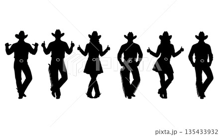 Black Solid Country Line Dance Silhouettes Set of Six on White Background 135433932