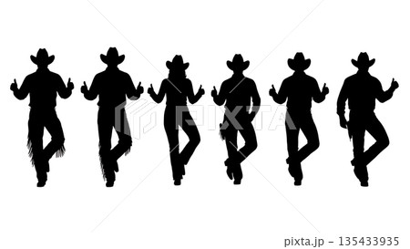 Black Solid Country Line Dance Silhouettes Set of Six on White Background 135433935