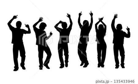 Black Solid Club Dancer Silhouettes Set of Six on White Background Black Solid Club Dancer Silhouettes Set of Six on White Background 135433946