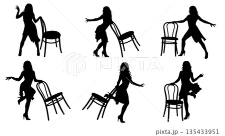 Black Solid Chair Dance Silhouettes Set of Six on White Background Black Solid Chair Dance Silhouettes Set of Six on White Background 135433951