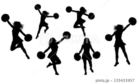Black Solid Cheerleader Silhouettes Set of Six on White Background Black Solid Cheerleader Silhouettes Set of Six on White Background 135433957