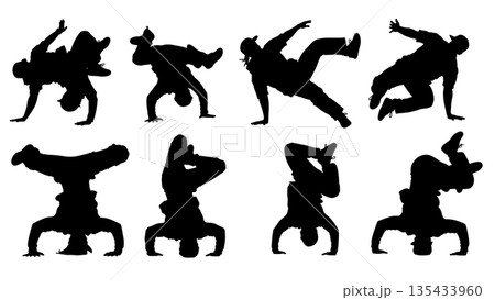 Black Solid Breakdance Power Silhouettes Set of Six on White Background 135433960