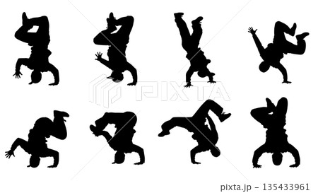 Black Solid Breakdance Power Silhouettes Set of Six on White Background Black Solid Breakdance Power Silhouettes Set of Six on White Background 135433961