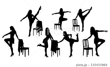 Black Solid Chair Dance Silhouettes Set of Six on White Background Black Solid Chair Dance Silhouettes Set of Six on White Background 135433969