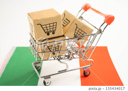 Italy shopping, Shopping cart box on Venezuala flag, import export, finance commerce. 135434017
