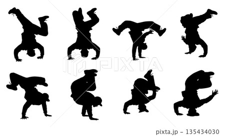 Black Solid Breakdance Power Silhouettes Set of Six on White Background Black Solid Breakdance Power Silhouettes Set of Six on White Background 135434030
