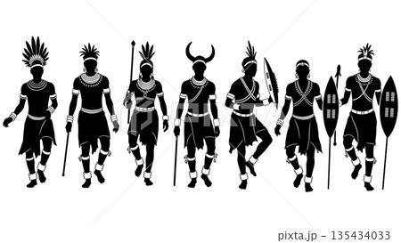 Black Solid African Dance Silhouettes Set of Six on White Background 135434033