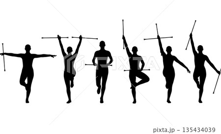Black Solid Baton Twirler Silhouettes Set of Six on White Background Black Solid Baton Twirler Silhouettes Set of Six on White Background 135434039
