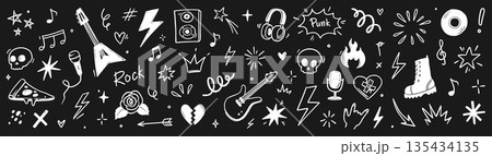Hand drawn doodle music icons with rock elements, lightning bolts and graffiti style tattoo stickers for creative band designs on chalkboard. Marker sketch music icons. Vector Hand drawn doodle music icons with rock elements, lightning bolts and graffiti style tattoo stickers for creative band designs on chalkboard. Marker sketch music icons. Vector 135434135
