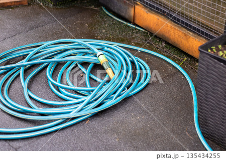 Gardener prepares to water potted plants beside rainglazed patio and coiled hose 135434255