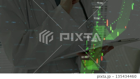 Female doctor in lab coat, stethoscope, analyzing candlestick chart in clinic holding clipboard pen Female doctor in lab coat, stethoscope, analyzing candlestick chart in clinic holding clipboard pen 135434460
