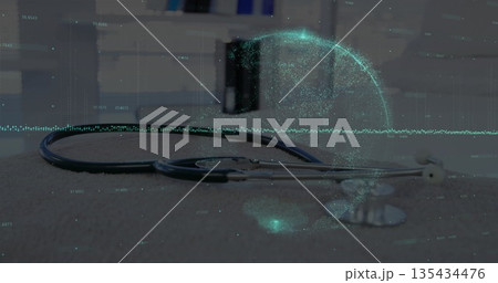 Resting medical stethoscope on desk in medical office, with green holographic globe data Resting medical stethoscope on desk in medical office, with green holographic globe data 135434476