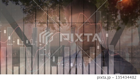 Smiling businessman wearing suit on balcony with railing, candlestick overlay and price labels Smiling businessman wearing suit on balcony with railing, candlestick overlay and price labels 135434482