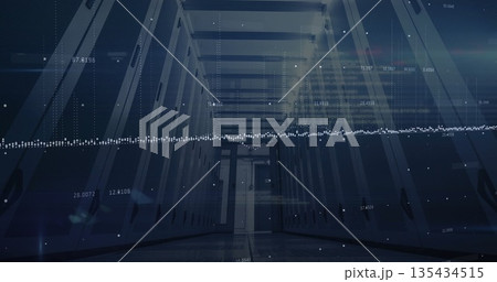 Displaying data center corridor, with server racks and floating numeric data points 135434515