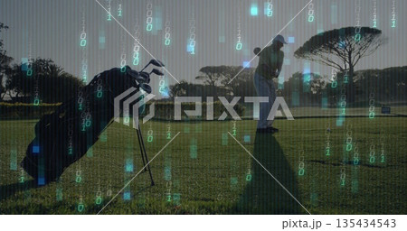 Preparing senior man swinging club on fairway, with golf bag, ball and binary overlay, copy space 135434543