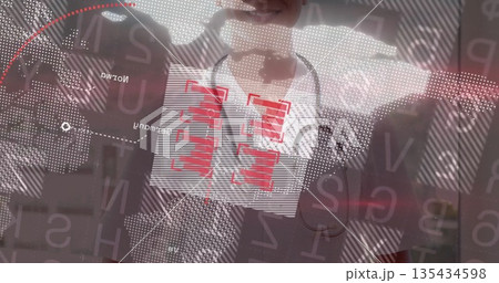 Female doctor wearing scrubs adjusting stethoscope in clinic, with digital map and red bar overlays 135434598