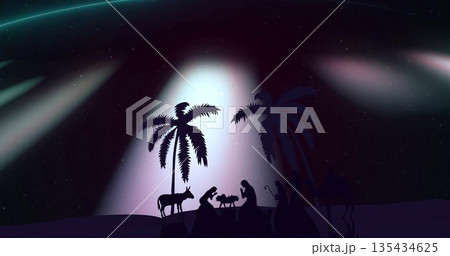 Forming silhouette Nativity scene at night in desert, with wooden manger and palm trees 135434625