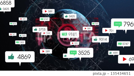 Displaying globe securing data in virtual network, with padlock badges showing likes comments plays 135434651