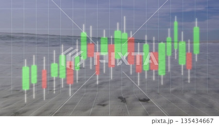 Gliding candlestick chart hovering over sandy shore and sea, with white grid lines, green red bars Gliding candlestick chart hovering over sandy shore and sea, with white grid lines, green red bars 135434667