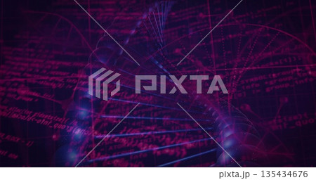 DNA double helix twisting through virtual grid, with glowing data nodes, grid lines, scrolling code DNA double helix twisting through virtual grid, with glowing data nodes, grid lines, scrolling code 135434676