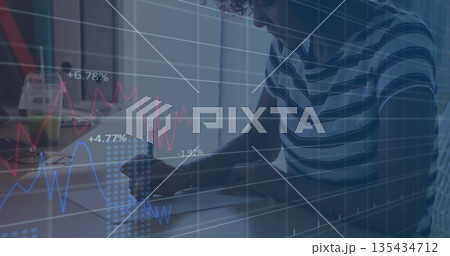 Sitting woman writing notes at home office desk, with smartphone, smoothie cup and financial charts Sitting woman writing notes at home office desk, with smartphone, smoothie cup and financial charts 135434712