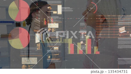 Consulting physician wearing lab coat and stethoscope with patient in office showing data overlays Consulting physician wearing lab coat and stethoscope with patient in office showing data overlays 135434731