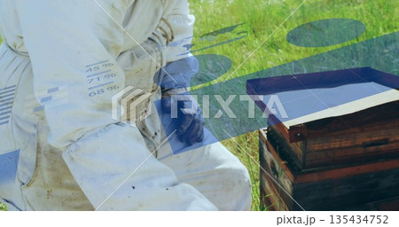 Kneeling beekeeper inspecting hive box in meadow wearing protective suit and gloves, copy space 135434752