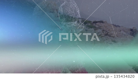 Contemplating female wireframe merging with rocky shoreline, featuring pastel gradient node network Contemplating female wireframe merging with rocky shoreline, featuring pastel gradient node network 135434820