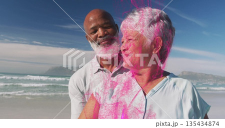 Wrapping arms mature man hugging senior woman on sandy beach, with ocean waves and distant hills Wrapping arms mature man hugging senior woman on sandy beach, with ocean waves and distant hills 135434874