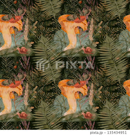 dewy botanical forest illustration, detailed watercolor depiction of forest floor mushrooms and foliage 135434951